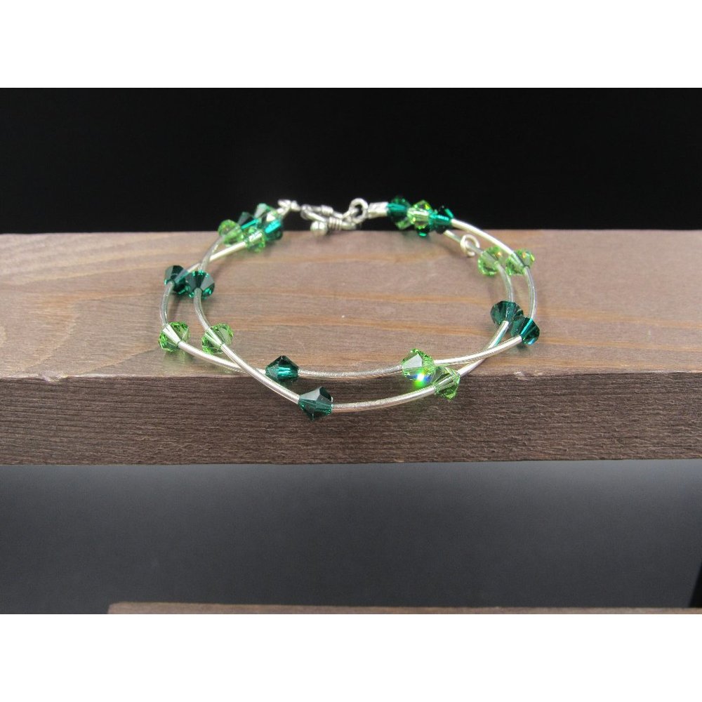 7" Sterling Silver Two Tone Green Crystal Bracelet Vintage Elegant Beautiful